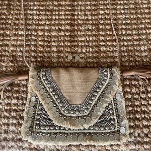 SHASHI Tan and Silver Beaded Crossbody Bag